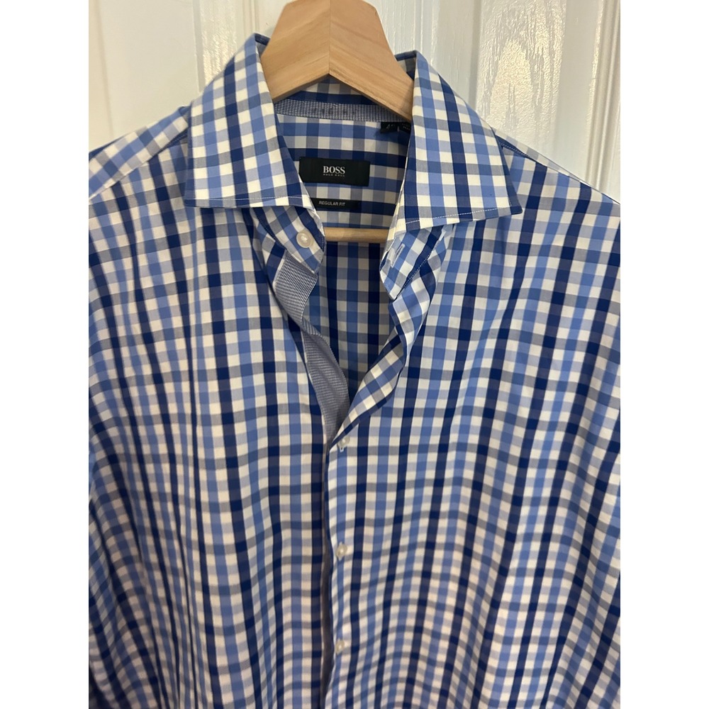Hugo Boss Mens Blue Gingham Regular‎ Fit Dress Shirt Geraldine 16 41